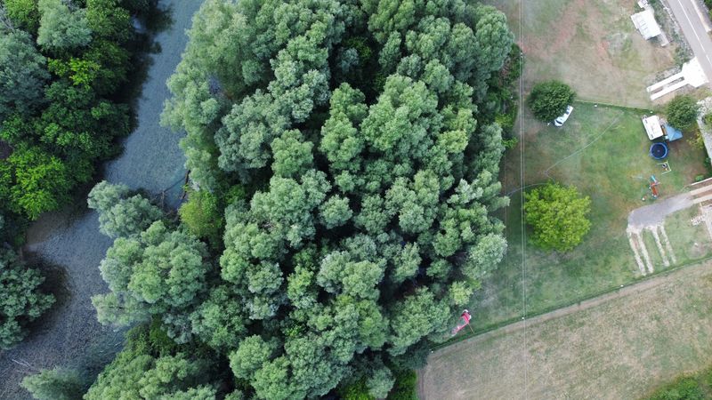 Pogled iz vazduha na rijeku i krošnje drveća pored livade kampa